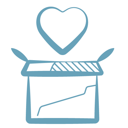 Icono de caja abierta con corazón que simboliza el guardado de joyas en un lugar fresco y seco para Pabús Bijoux.