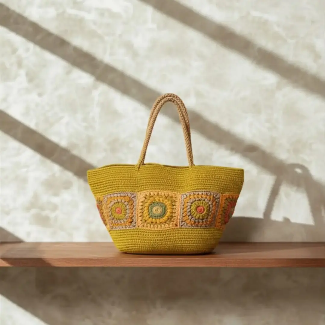 Bolso artesanal de rafia natural con diseño de cuadros granny square en tonos tierra y mostaza. Complemento de moda sostenible ideal para combinar con joyería de autor Pabús Bijoux.